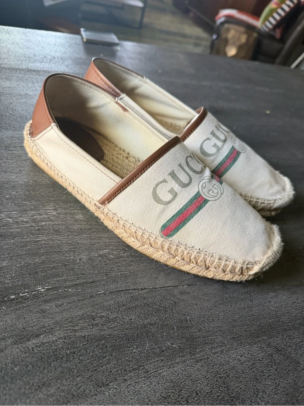 Gucci Beige Canvas Espadrilles with Green and Red Web